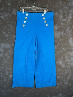 Handmade Bright Blue High-Waist Sailor Button Wide-Leg Pants